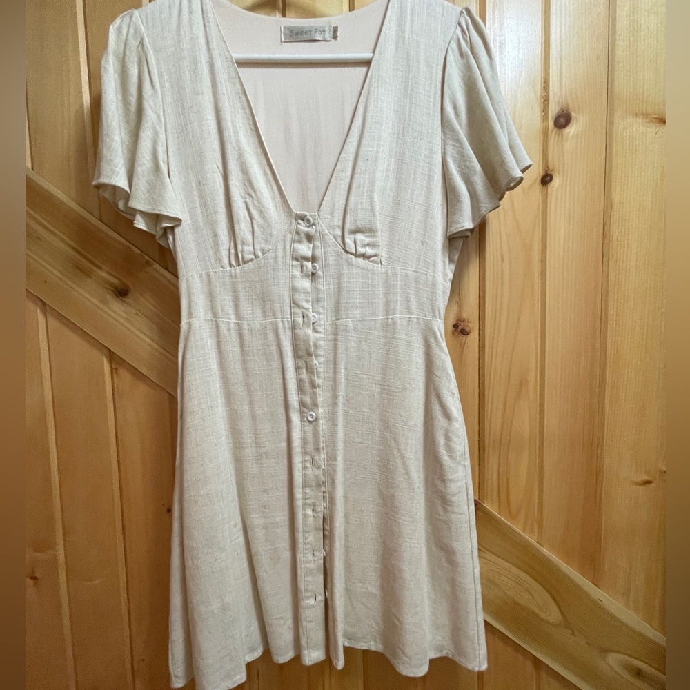 Free People White Cream Buttoned Flutter Sleeve Sundress